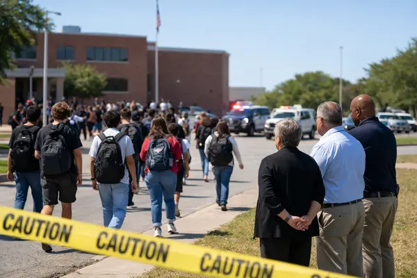 A tense scene outside a high school campus during a student walkout, showing students walking awa...