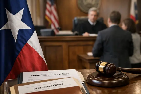 A courtroom scene focused on a judge's bench and legal documents highlighting domestic violence c...