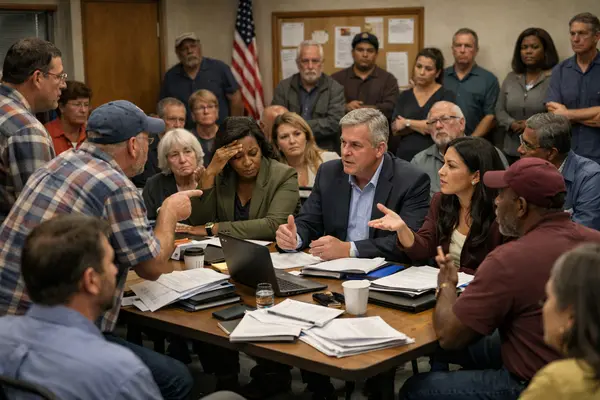 A tense community meeting in a modest Austin neighborhood hall, showing diverse city officials an...