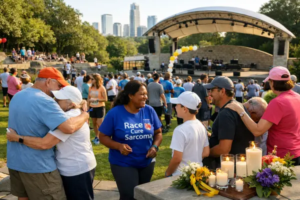 A vibrant, diverse group of Austin residents of various ages and ethnic backgrounds gathered outd...