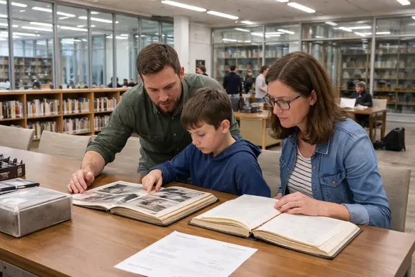 Interior photo of the renovated Faulk Library's Austin History Center: a light-filled, modern rea...