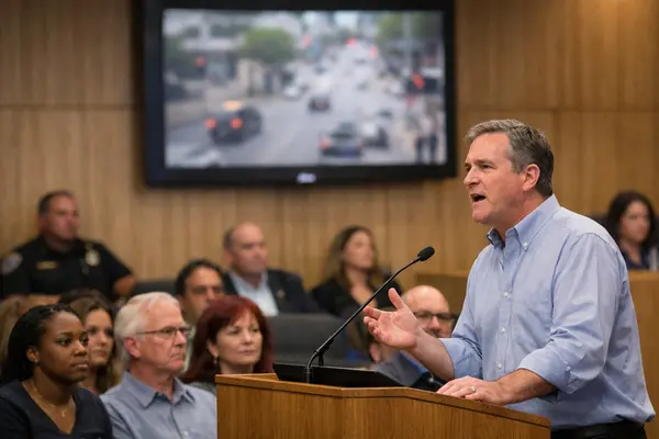 A diverse group of people gathered in a well-lit city council meeting room, with focused expressi...