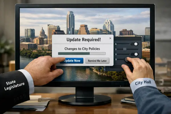 A symbolic image showing a computer screen displaying a cityscape of Austin with a popup notifica...