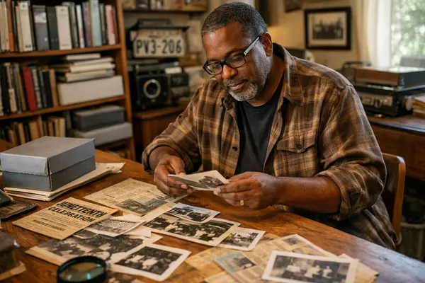 A warm, candid photo of a community archivist in a cozy East Austin home or small archive space. ...
