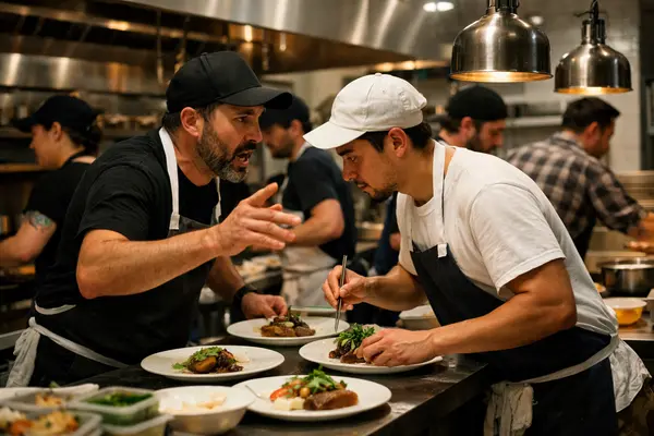 A bustling professional kitchen in Austin with chefs working intensely, one chef urgently gesturi...