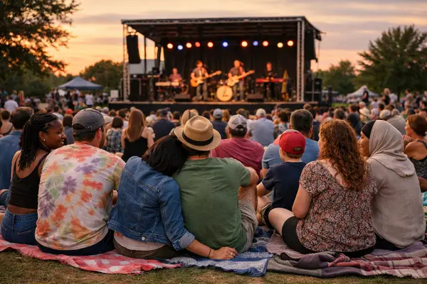 A diverse group of people comfortably seated on blankets in a lively outdoor park during a sunset...