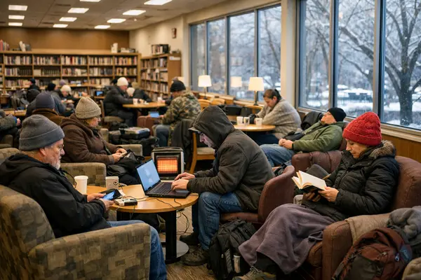 Interior view of a public library transformed into a daytime warming center with people sitting c...