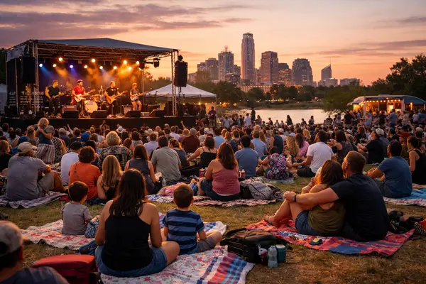 A vibrant outdoor concert scene at sunset in Austin, showing a diverse crowd gathered on blankets...