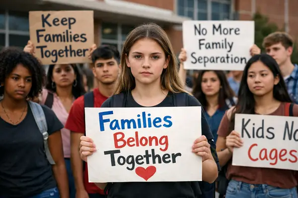 A group of diverse high school students, including a focused 17-year-old girl, standing outside a...