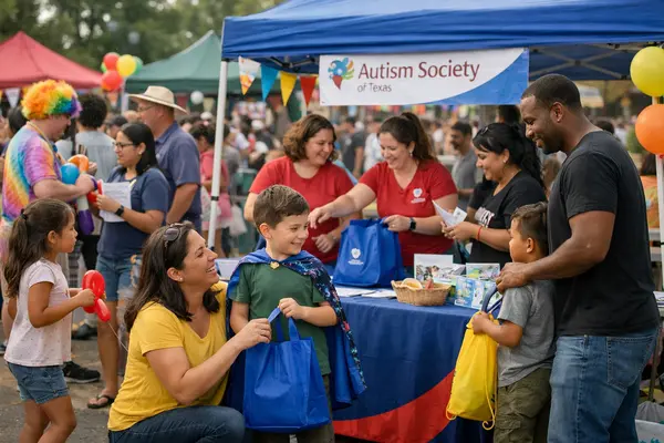 A lively outdoor community event in Austin with colorful tents and booths representing local orga...
