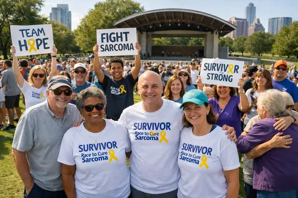 A diverse group of people gathered outdoors at Lake Park Amphitheatre in Austin during the Race t...