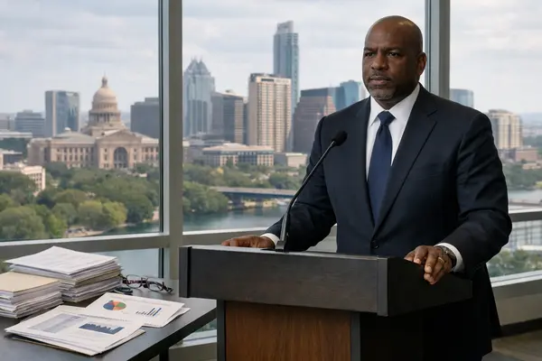 A serious city official, resembling City Manager T.C. Broadnax, speaking at a modern government o...