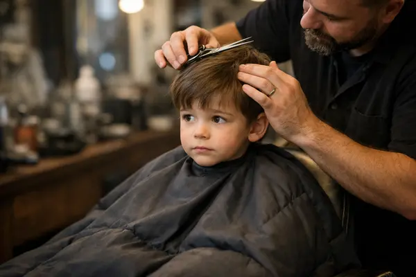 A cozy barbershop scene focused on a young child sitting nervously in a barber chair, wearing a w...