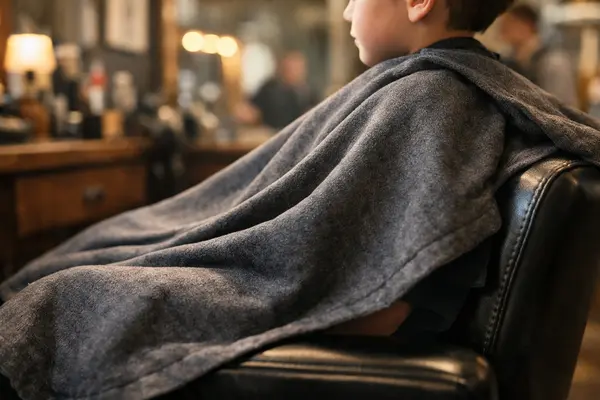 A close-up of a thick, weighted barber cape draped over a child's shoulders in a cozy, warmly lit...