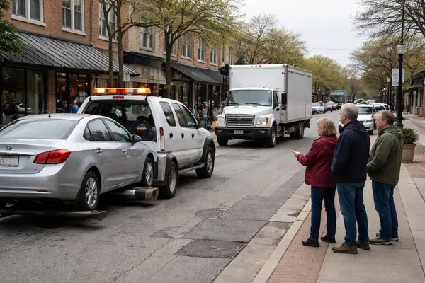 Midday, overcast scene on a small-town downtown street in Barrington: a municipal tow truck is ho...