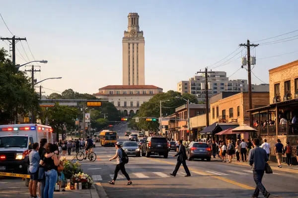 A vibrant street scene in Austin near the UT Austin Tower, showing diverse neighborhoods with a m...