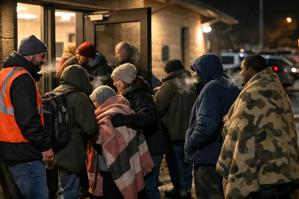 A nighttime scene outside a warm, well-lit cold weather shelter in Austin, with volunteers or sta...