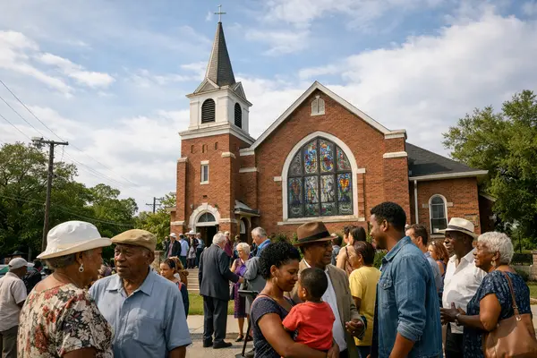 A historic Black church in East Austin during daytime, showcasing classic architectural details l...