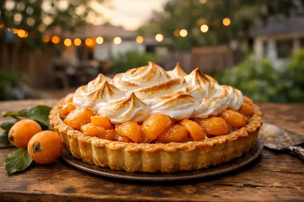 A close-up photograph of a beautifully crafted loquat meringue tart on a rustic wooden table, wit...