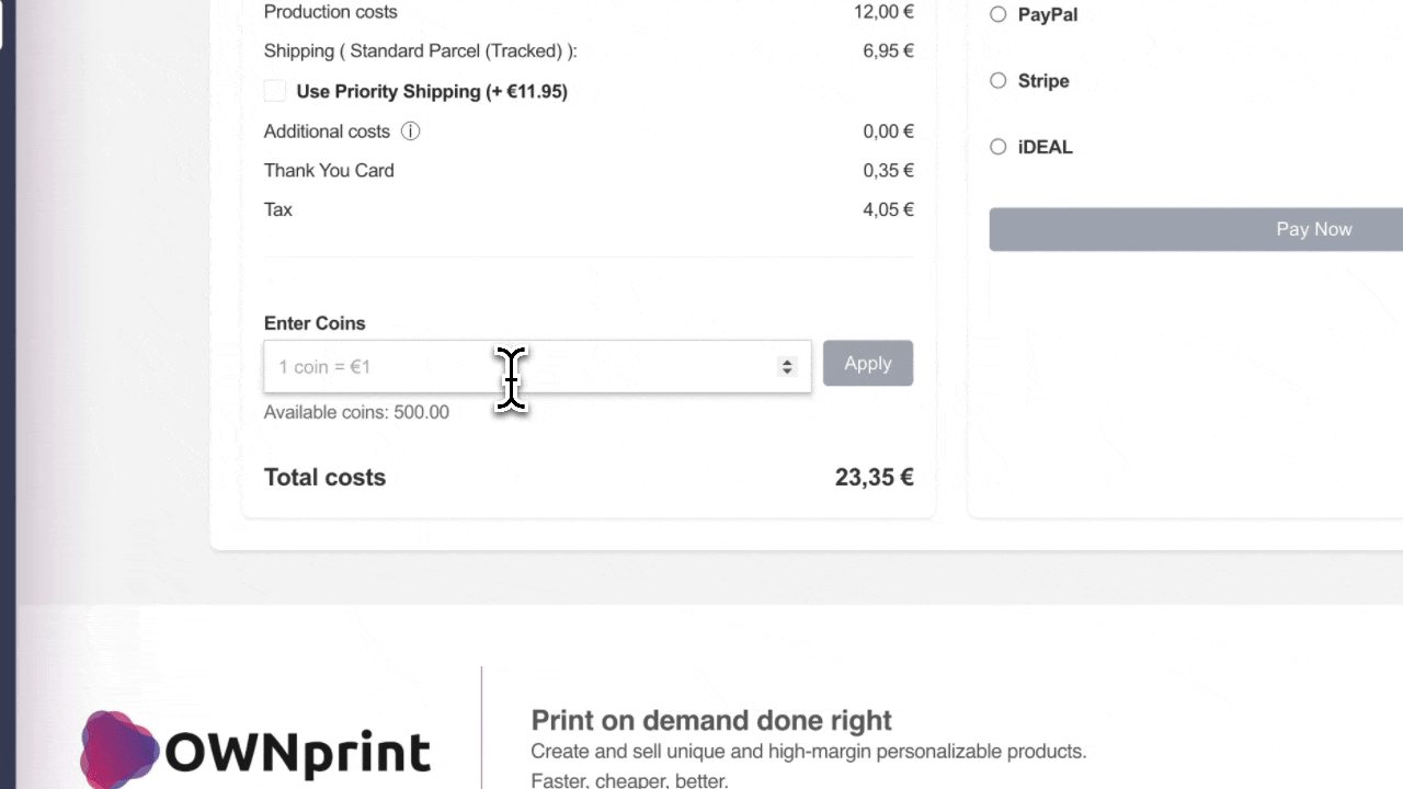 Applying OwnPrint Points at checkout to pay for an order