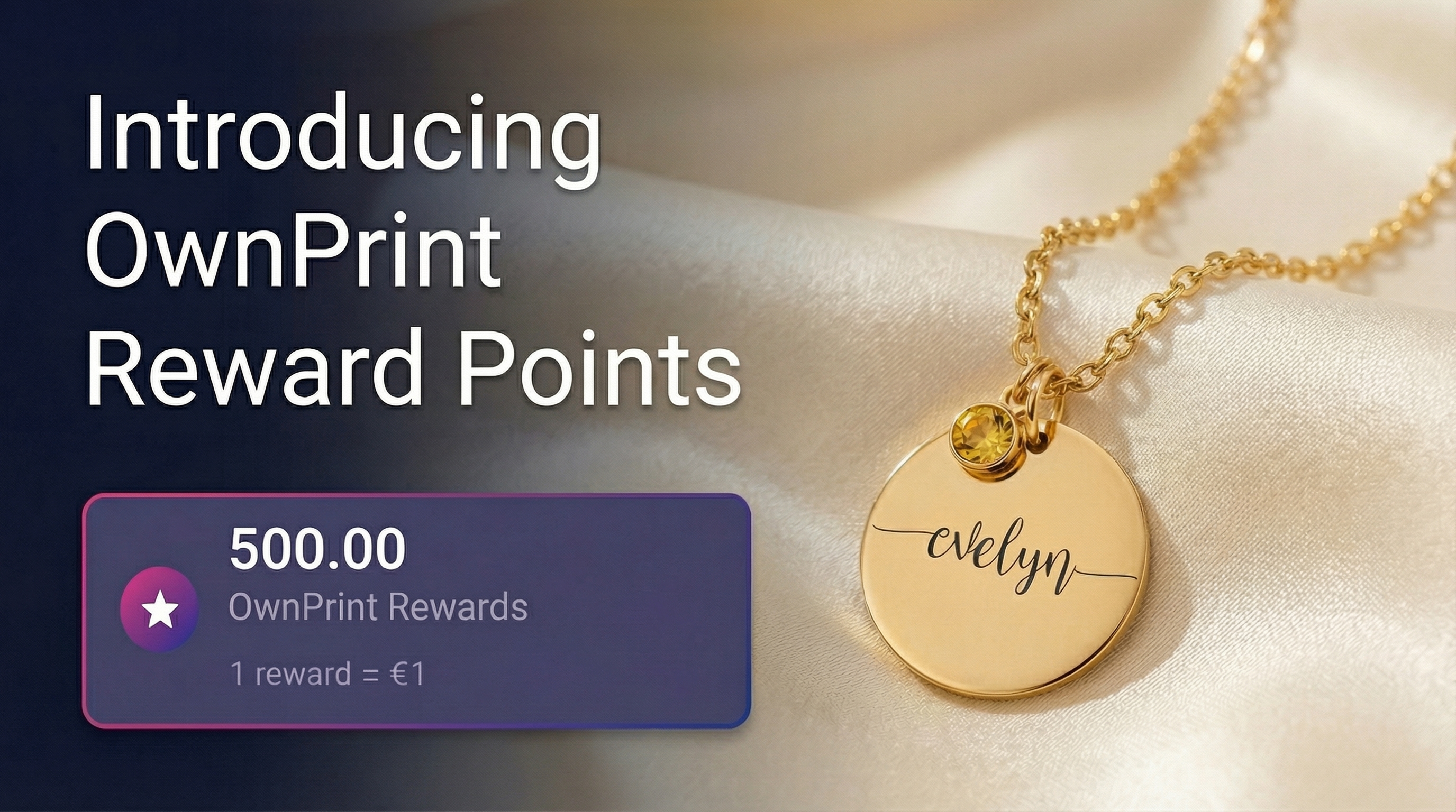 OwnPrint Points banner for OwnPrint print-on-demand jewelry supplier