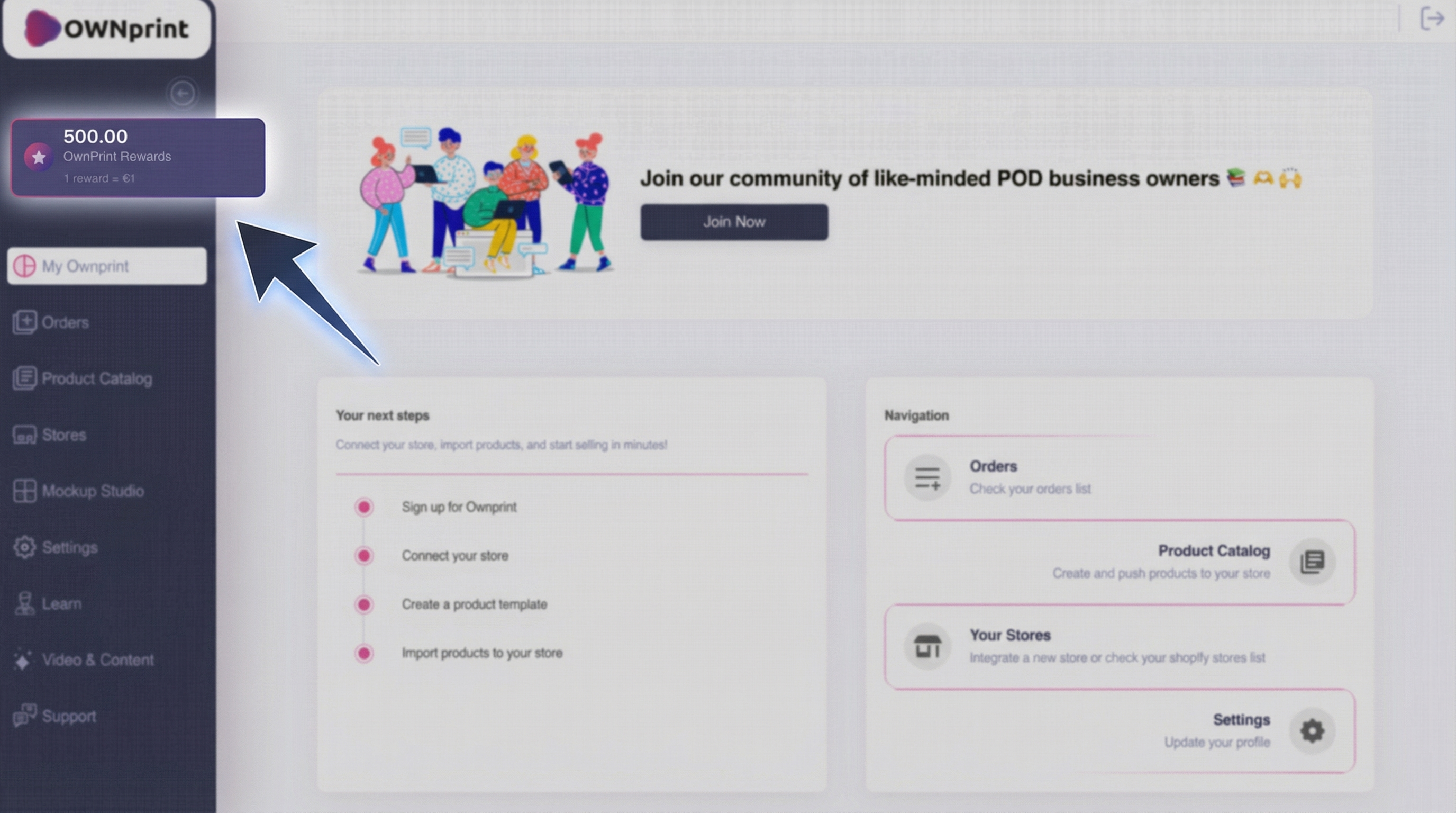OwnPrint dashboard showing the OwnPrint Points balance location