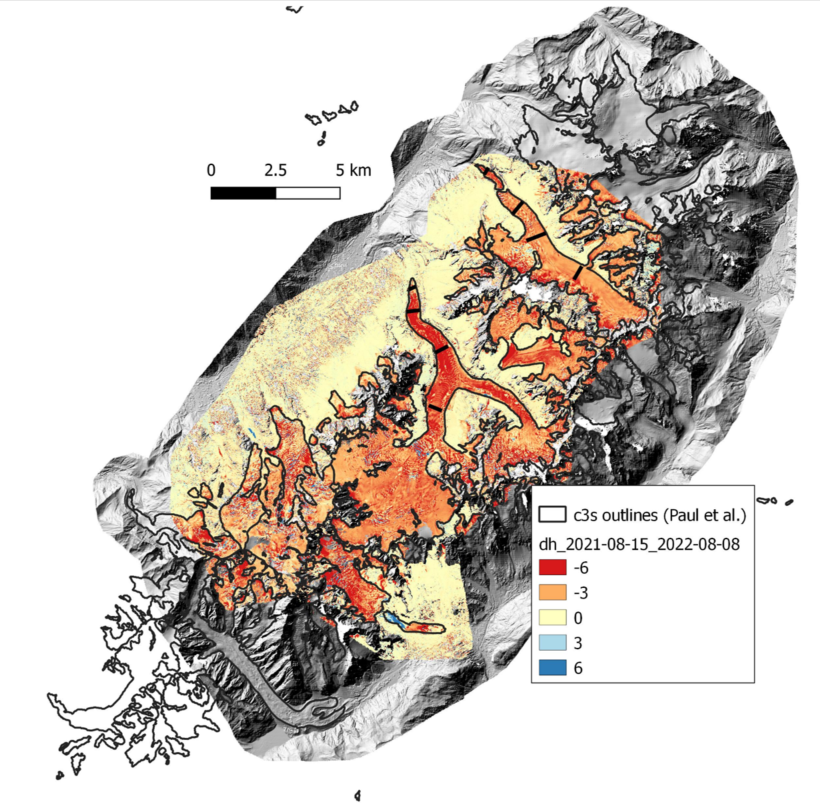 Map of elevation changes from August 2021 to August 2022