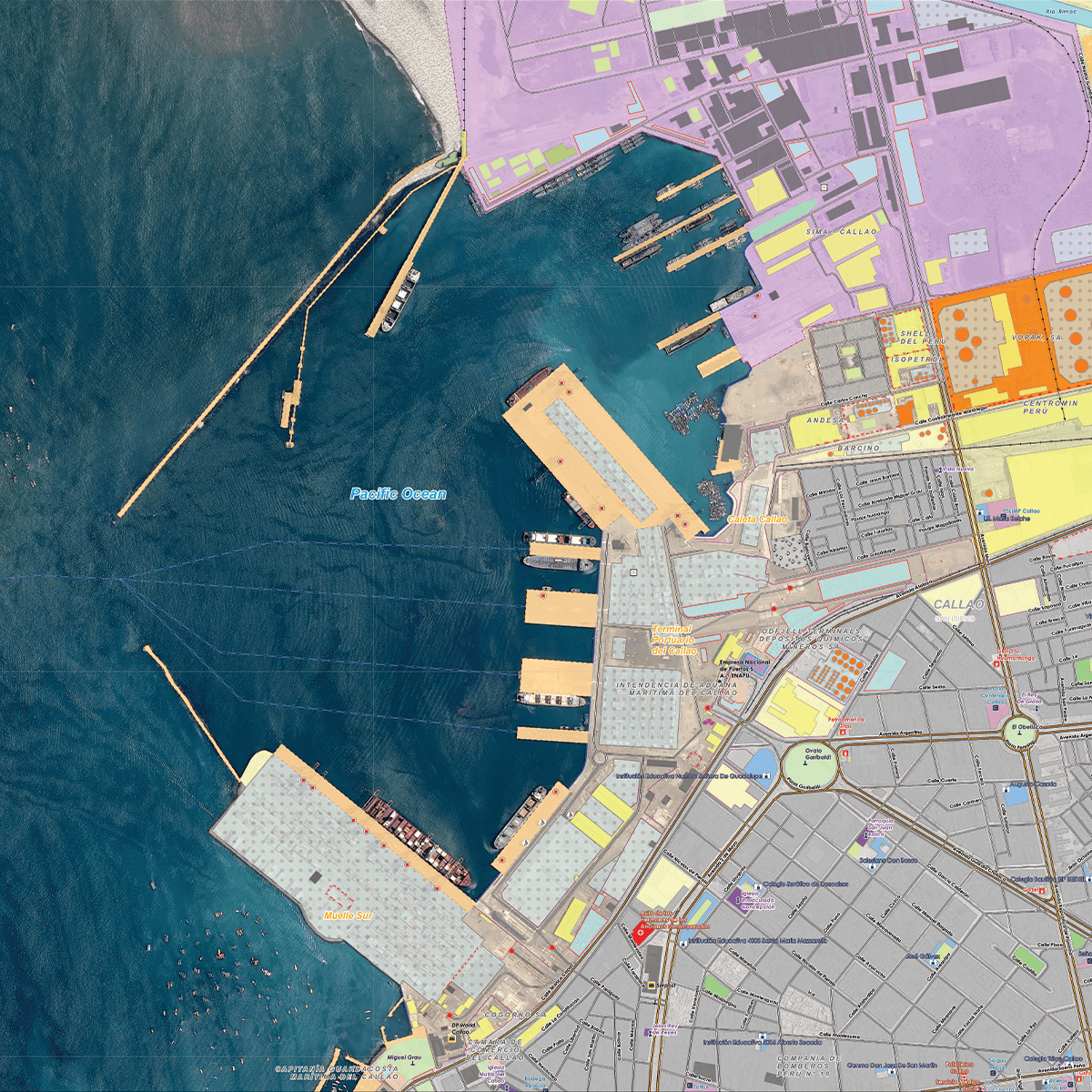 satellite view of a coast city with data information