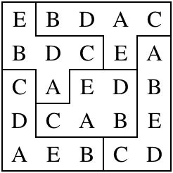 the image shows a grid composed of irregularly shaped blocks, each containing a letter from a to e. the blocks are arranged to fill a square, creating a visually complex pattern.