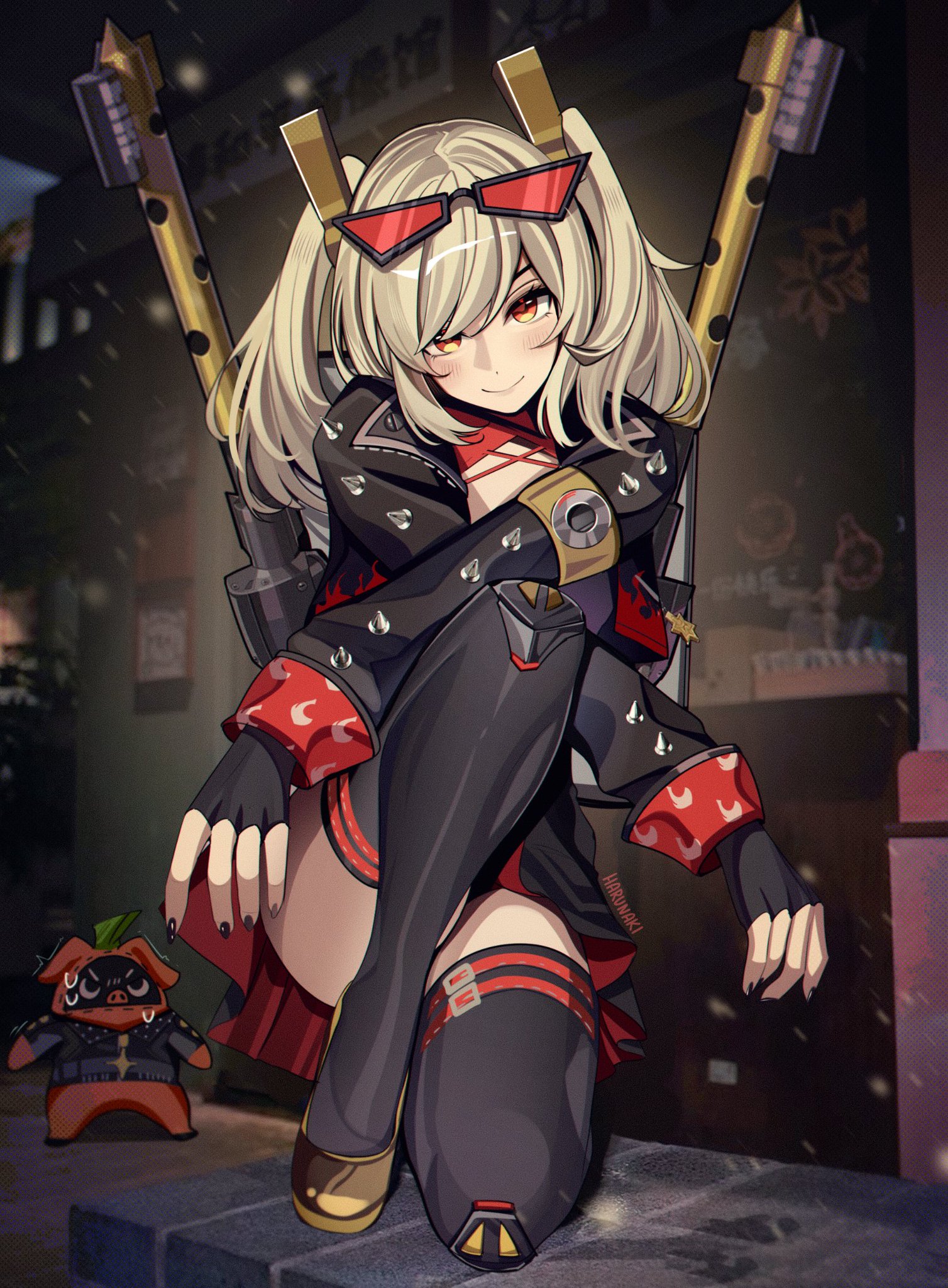 an anime girl with long blonde hair and red eyes sits with her legs crossed, holding a katana sword. she is wearing a black and red outfit with a white undershirt. she is standing in a city street at night with a red pig behind her.