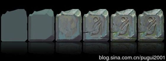 the image showcases a progression of six stone blocks, transitioning from a flat, featureless gray to a weathered, engraved stone with moss and damage. the progression illustrates the stages of creating a textured and detailed 3d asset for a game or other digital project.