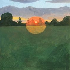 the painting depicts a serene landscape during sunset. the foreground is a vast expanse of green field, stretching towards the horizon. the setting sun, a fiery orb of orange and yellow hues, dominates the center of the composition, casting a warm glow over the surrounding landscape. rolling hills, painted in darker shades of green, frame the sunset in the distance. the sky above transitions from deep blue to lighter shades as it nears the horizon.  the overall effect is one of tranquility and the beauty of the natural world.