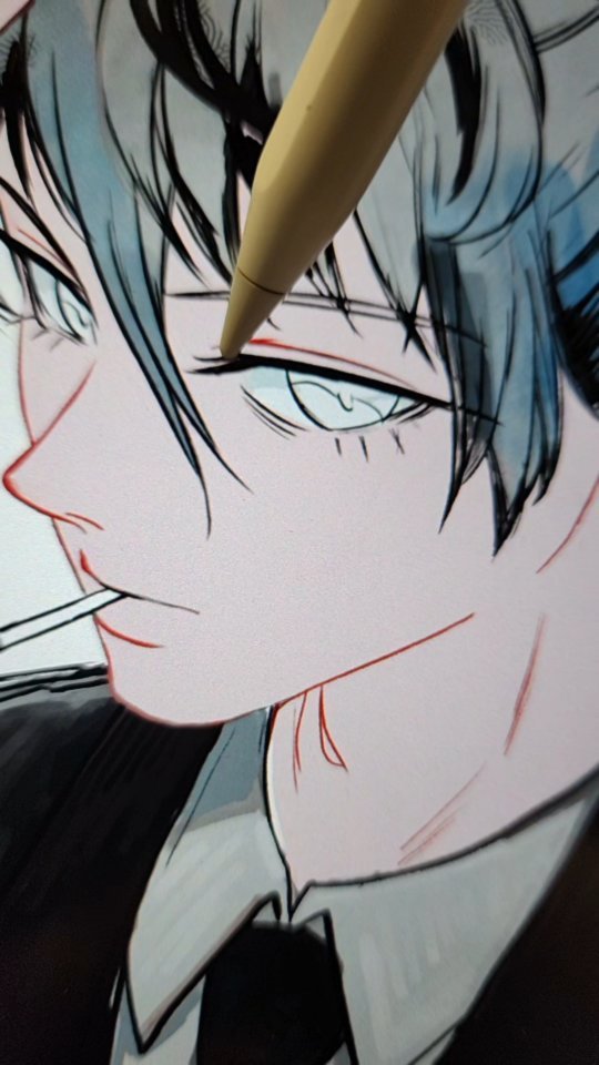 a closeup shot of a digital artist's hand using a stylus to add color and shading to an animestyle drawing of a young man's face. the man has light gray hair, light eyes, and is smoking a cigarette. he's wearing a dark suit.  the image emphasizes the detailed work being done on the face and the process of digital art creation.