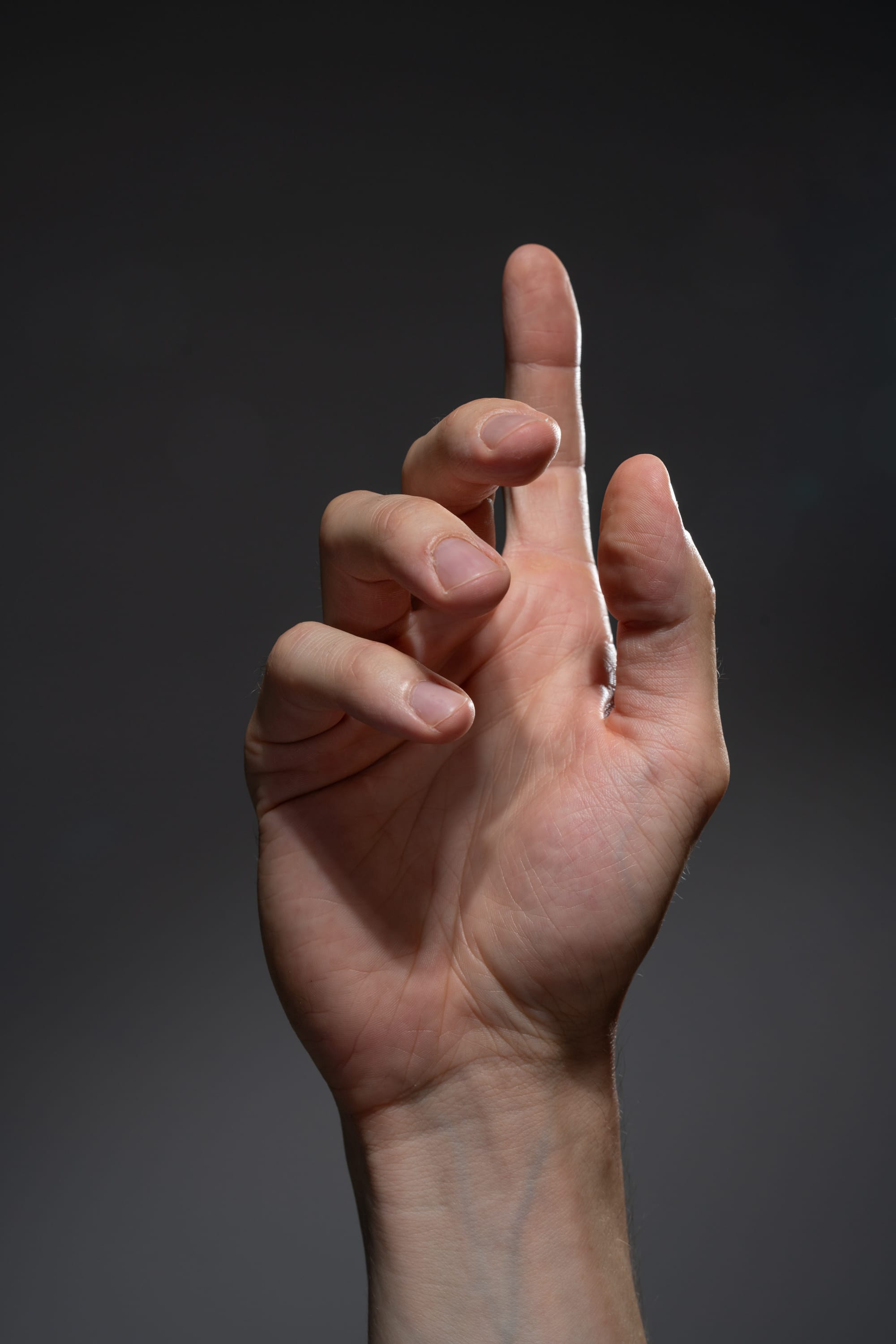 a right hand held up against a gray background with the index finger pointing upward.  the hand is lit from the left side of the frame.