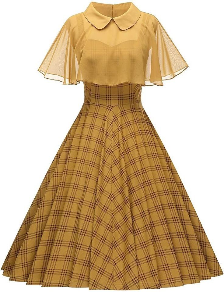 the image shows a yellow plaid dress with a cape. the dress is sleeveless and has a white collar. it is a vintage style dress that would be suitable for a party or special occasion.