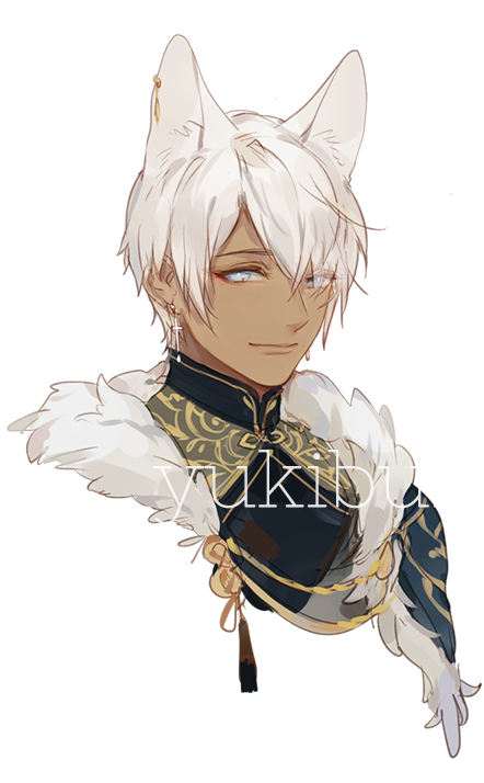 this is an illustration of an anime character with cat ears and white hair. he's wearing a black and gold outfit and his eyes are blue. the drawing is done in a detailed style, showcasing the textures of the fur and clothing, making it look very realistic. the character has a soft, elegant look.