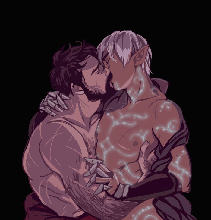 the artwork is a digital painting or illustration depicting a passionate embrace and kiss between two male characters. one character appears to be a human or humanlike, with dark hair and a muscular build, showing some scarring on his body. the other character has lighter skin, pointed ears, and silverygrey hair, suggesting an elven or similar fantasy race. glowing lines on the elf's skin add a magical or ethereal quality.  the style is somewhat stylized, with a focus on the characters' anatomy and emotional connection. the background is dark and indistinct, drawing the focus solely to the couple.  the overall mood is romantic and intimate.