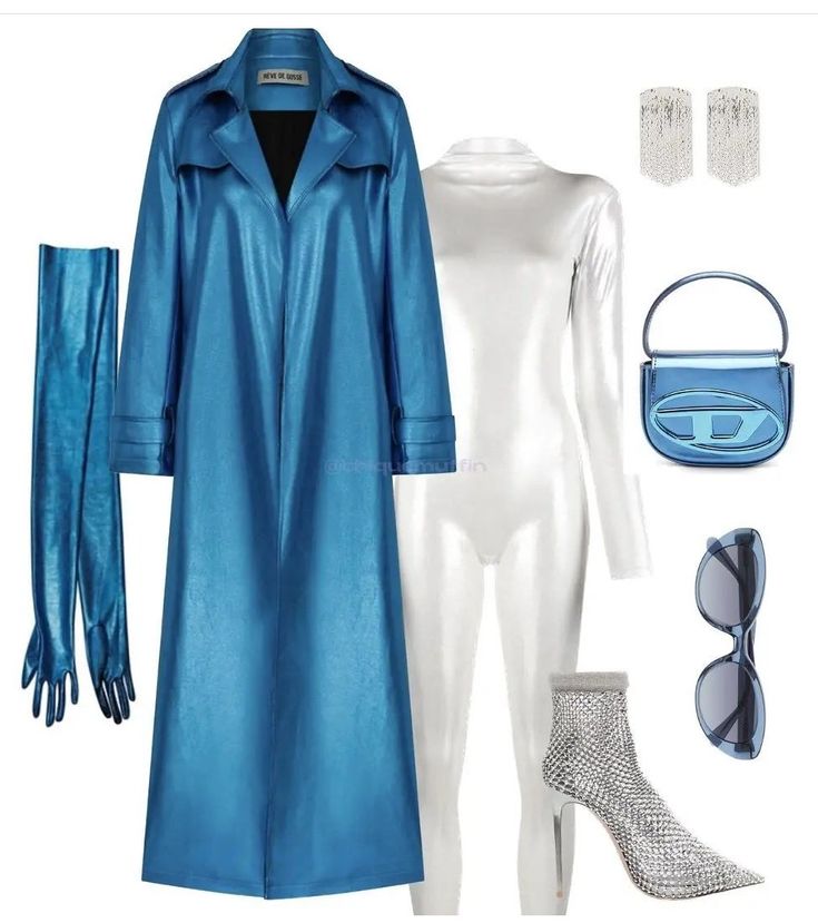an image displaying an outfit consisting of a blue vinyl trench coat with blue vinyl gloves, a white bodysuit, silver sparkly heeled sock boots, a blue diesel purse, silver dangle earrings, and blue sunglasses.