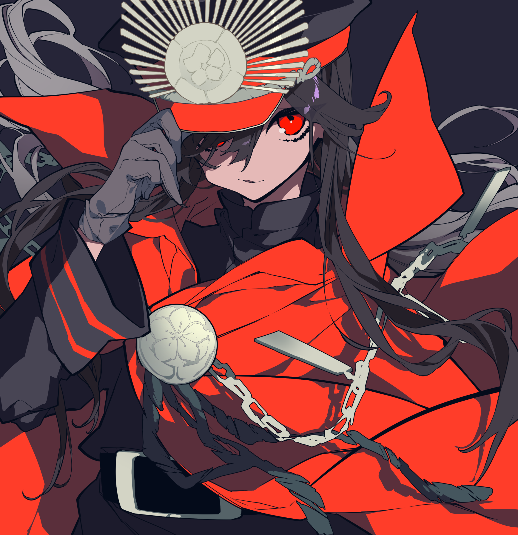 a digital art style illustration of an anime/manga style woman character. she has black hair, red eyes, and is wearing a red and black uniformlike outfit with a hat. she is wearing grey gloves and a decorative chain and ball adorns her clothing. her hand is touching the brim of her hat.