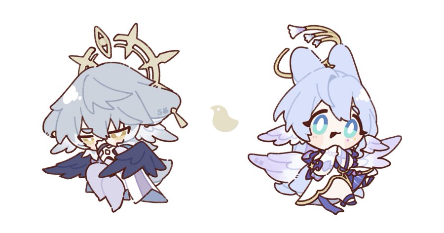 the image contains two chibistyle illustrations of characters that seem to be inspired by genshin impact. one character appears to resemble ganyu, while the other might be inspired by raiden shogun, both with angelic wings and pastelcolored outfits.  they're depicted in a cute and adorable manner, with large eyes and soft features. a small bird is shown between them. the style is consistent with anime/manga conventions and displays a soft, pastel color palette.