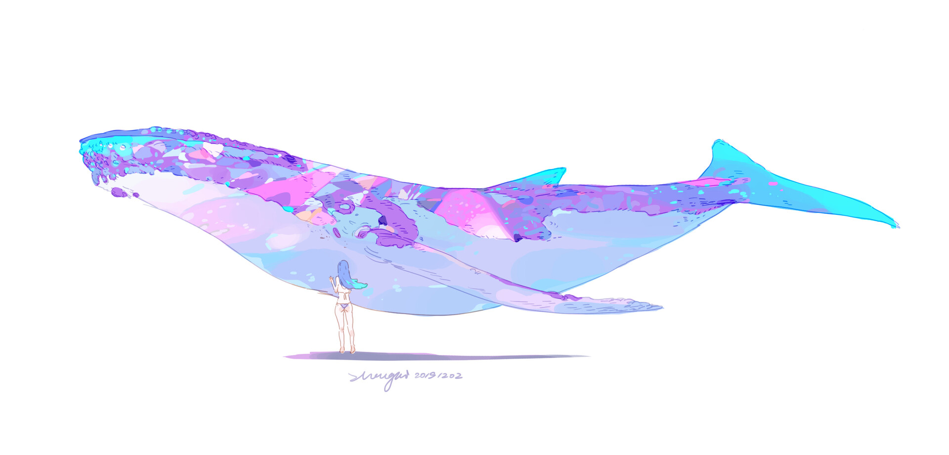 a cartoon illustration of a large blue whale with a woman in a blue bikini standing on its back. the whale is a bright blue with hints of purple and pink, while the woman's hair is blue and her skin is peach. the whale is on a white background.