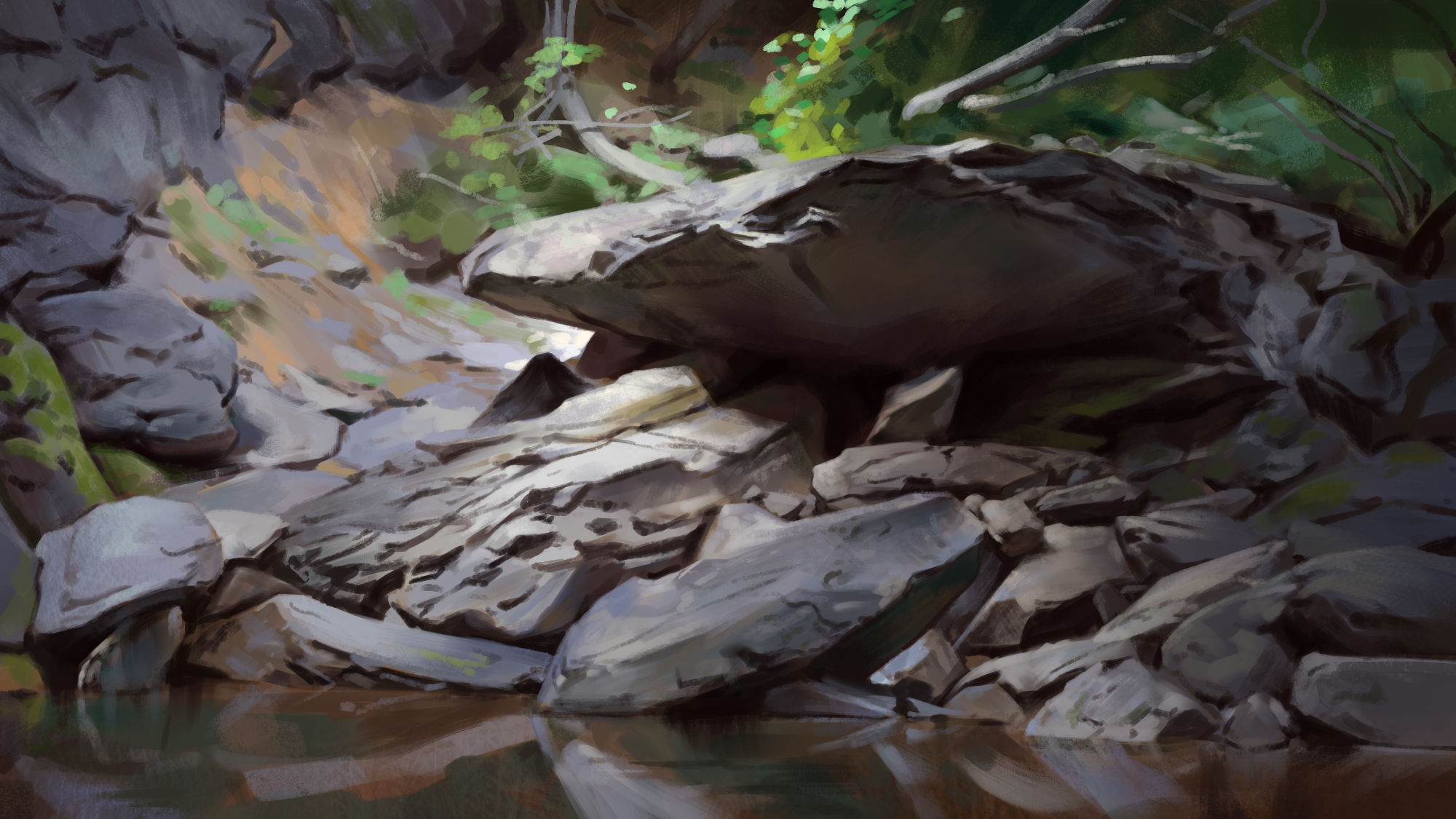 this is a digital painting of a rocky river bed. large, dark grey rocks dominate the foreground, with a shallow stream of water reflecting the light. lush green foliage peeks through from the top of the image, suggesting a forest setting. the scene is bathed in dappled sunlight, creating areas of light and shadow across the rocks.