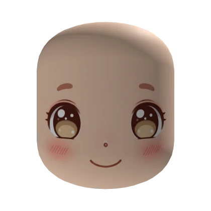 the image shows a stylized anime face with large, expressive eyes, small eyebrows, a simple curved line for a mouth, and blushing cheeks. the face appears to be set against a black background.