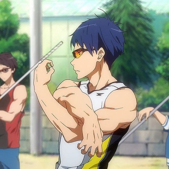 this vibrant drawing showcases a muscular anime character, likely a swimmer, captured midstretch. bathed in natural sunlight, the scene suggests an outdoor training session, possibly at a school track and field facility. the character exudes an aura of focus and determination, hinting at his dedication to his sport. the artist skillfully uses dynamic lines to highlight the athlete's physique and the intensity of his stretch.