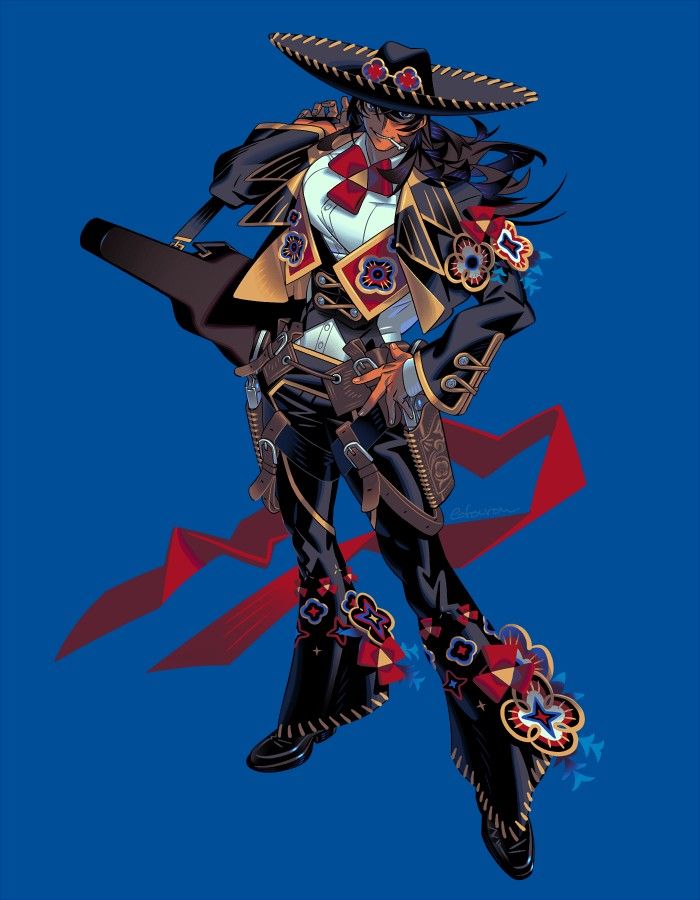 a woman wearing a sombrero, a black suit with floral embroidery and a red bowtie,  and a black and gold belt with two pistols in their holsters is standing with their right leg bent and their left leg outstretched on a blue background. she is holding a gun in her right hand and there are two red ribbons in the background. the woman appears to be confident and ready for action.  this artwork is an illustration of a female character.