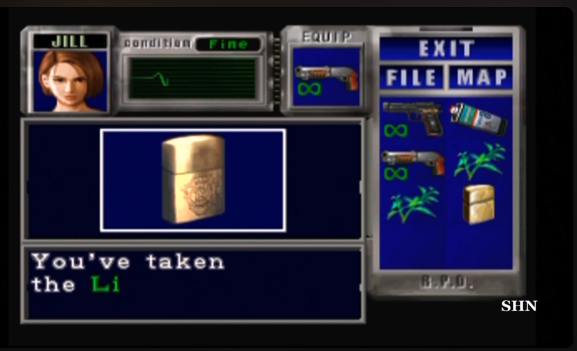 this is a screenshot from the video game resident evil. the image shows the ingame inventory screen of the character jill valentine. her portrait is visible in the top left corner, along with her health status displayed as "fine". the inventory displays various items like a lighter, ammunition, a map, and weapons including a shotgun and pistols.  the text "you've taken the li" indicates the player has just acquired a lighter.