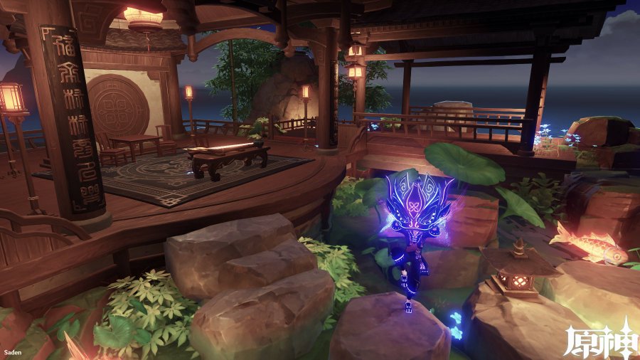 a screenshot from the video game genshin impact showcasing a serene, nighttime scene. the player character, adorned in a glowing, mystical outfit, is positioned amidst a tranquil garden setting within a beautifully crafted wooden pavilion. the architecture displays distinct asian influences, complete with lanterns and intricate details. the scene is further enhanced by the presence of vibrant flora, including flowers and lush plants, and the gentle glow of lanterns illuminates the rocks and water features, adding to the overall peaceful ambiance.  koi fish swim in a nearby pond. the overall atmosphere is one of tranquility and mystery.