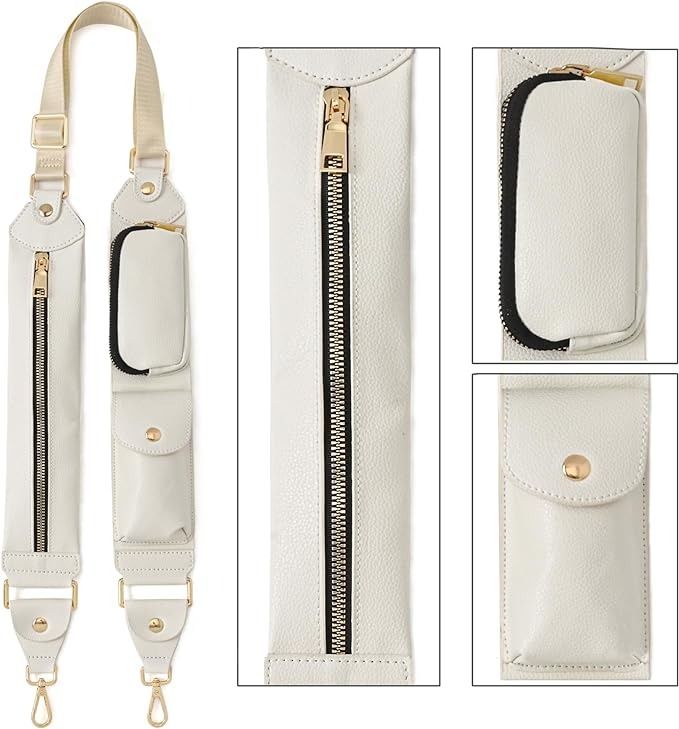 the image showcases a white leather purse strap with gold accents. it features a zippered compartment, a pouch with a snap closure, and an adjustable strap. the gold hardware complements the white leather, creating a stylish and functional fashion accessory.