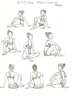 this is a drawing of nine women sitting in different poses.  the women are in various sitting positions, with their legs crossed, bent, extended, or angled.  all of the women are wearing bras and underwear. the drawing is in black and white on white paper. the word "sitting" is at the top of the page and the word "positions" is below it. the word "rihanna" is to the right of the word "positions".