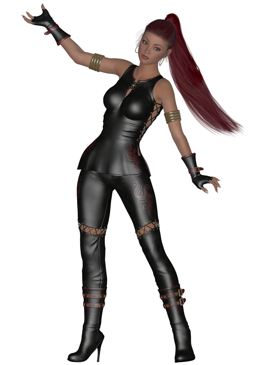 a digitally rendered image of a woman in a fantasy warrior outfit. she has red hair pulled back into a high ponytail and is wearing a black leather outfit consisting of a sleeveless top with lacing details on the sides and ornate red markings, formfitting pants with crosslaced details at the knees, and heeled boots with buckle straps. she is also wearing jewelry, including gold armbands and gloves with red accents. the woman is standing in a dynamic pose against a black background.